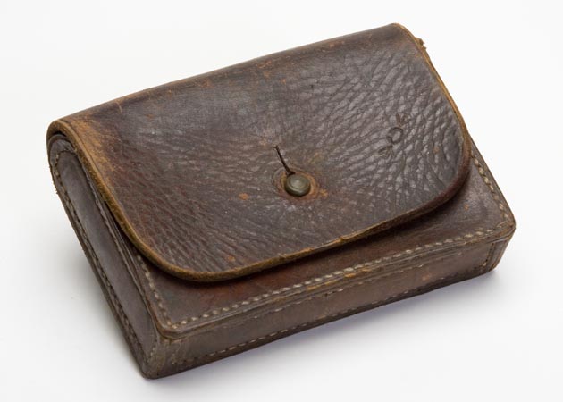 Leather field bag used to hold items required by surveyor