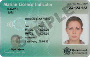 Example of Queensland marine licence, showing photo, personal details and the licence class and conditions
