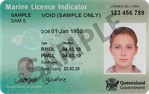 Example of Queensland marine licence, showing photo, personal details and the licence class and conditions
