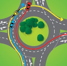 Diagram indicating the path a cyclist can take while turning right from the left lane of a roundabout