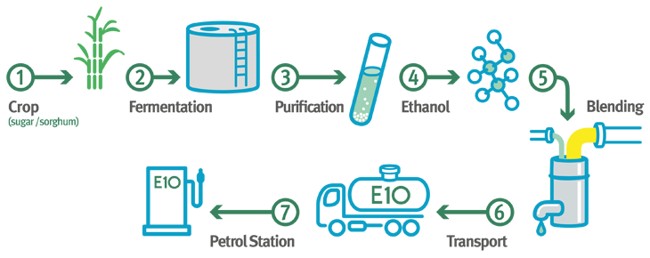 Diagram showing the 7 steps for E10 production: 1. crop, 2. fermentation, 3. purification, 4. ethanol, 5. blending, 6. transport, 7. petrol station