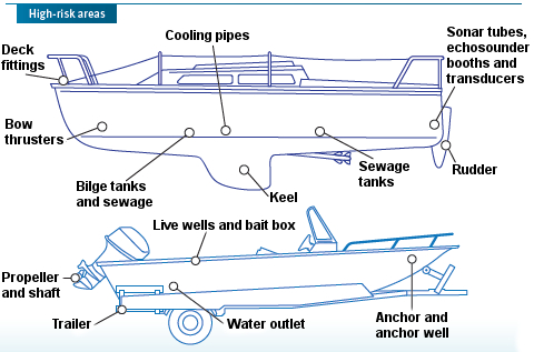 Diagram 1. Boat risk areas Boat drawing with labels pointing to the main risk areas described in the text.