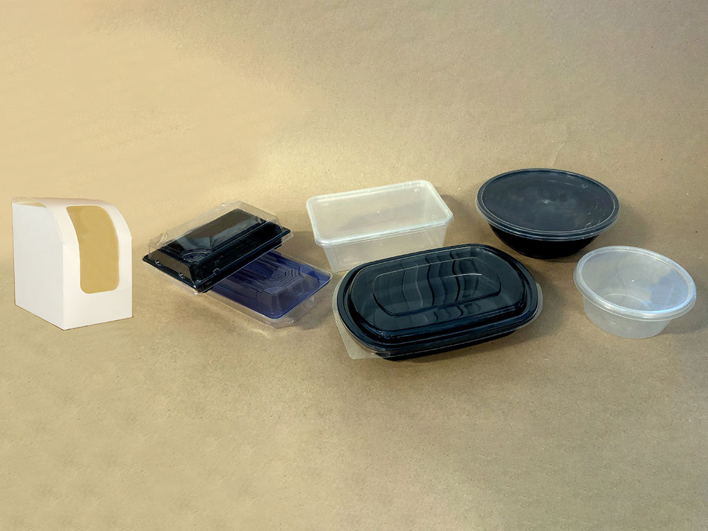 Other single-use plastic takeaway food containers including sushi containers, triangle sandwich containers, food containers with a plastic window, and bowls with lids