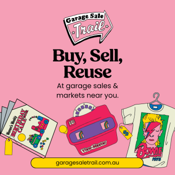 A pink Garage Sale Trail graphic, with a cookbook, View-Master and T-shirt. Encouraging people to buy, sell and reuse. 