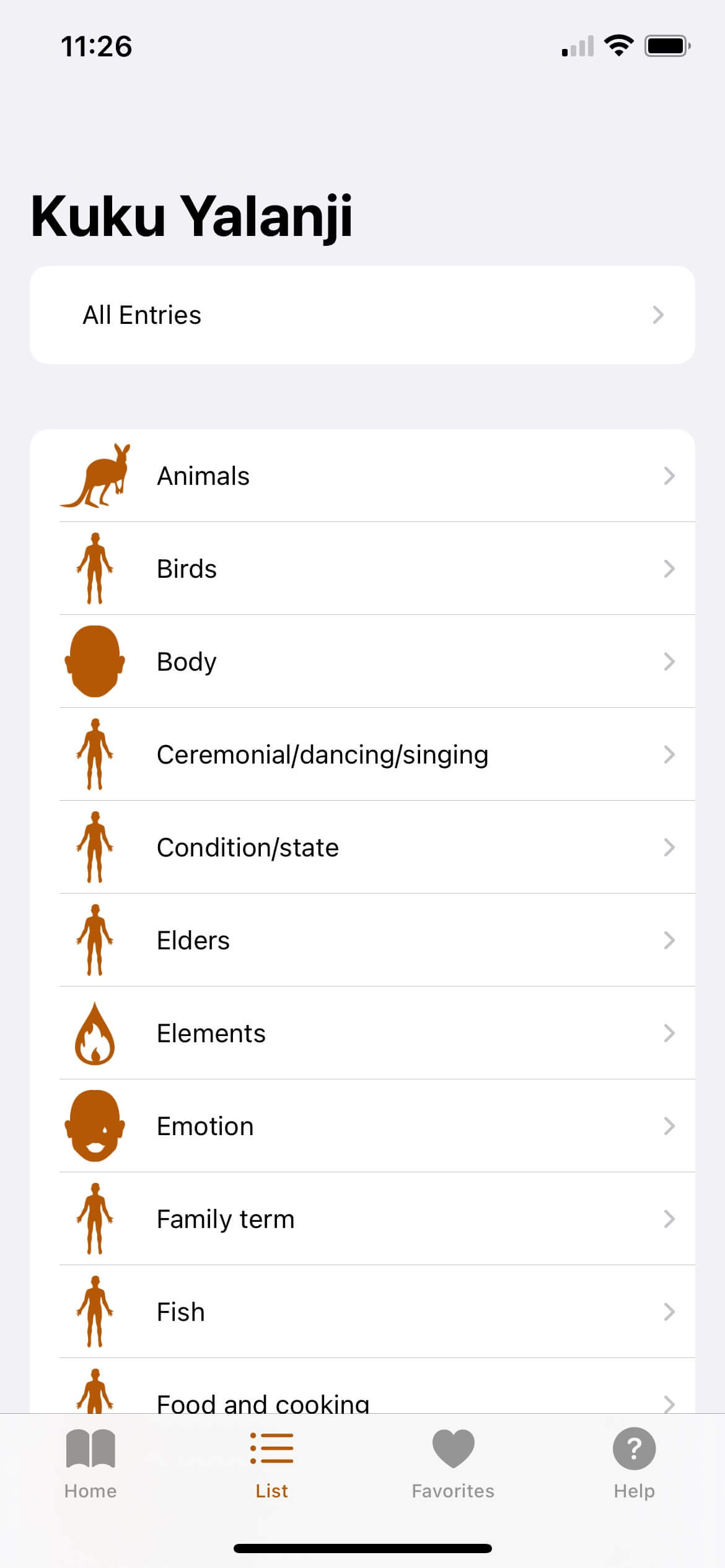 List of Kuku Yalanji words displayed on language app