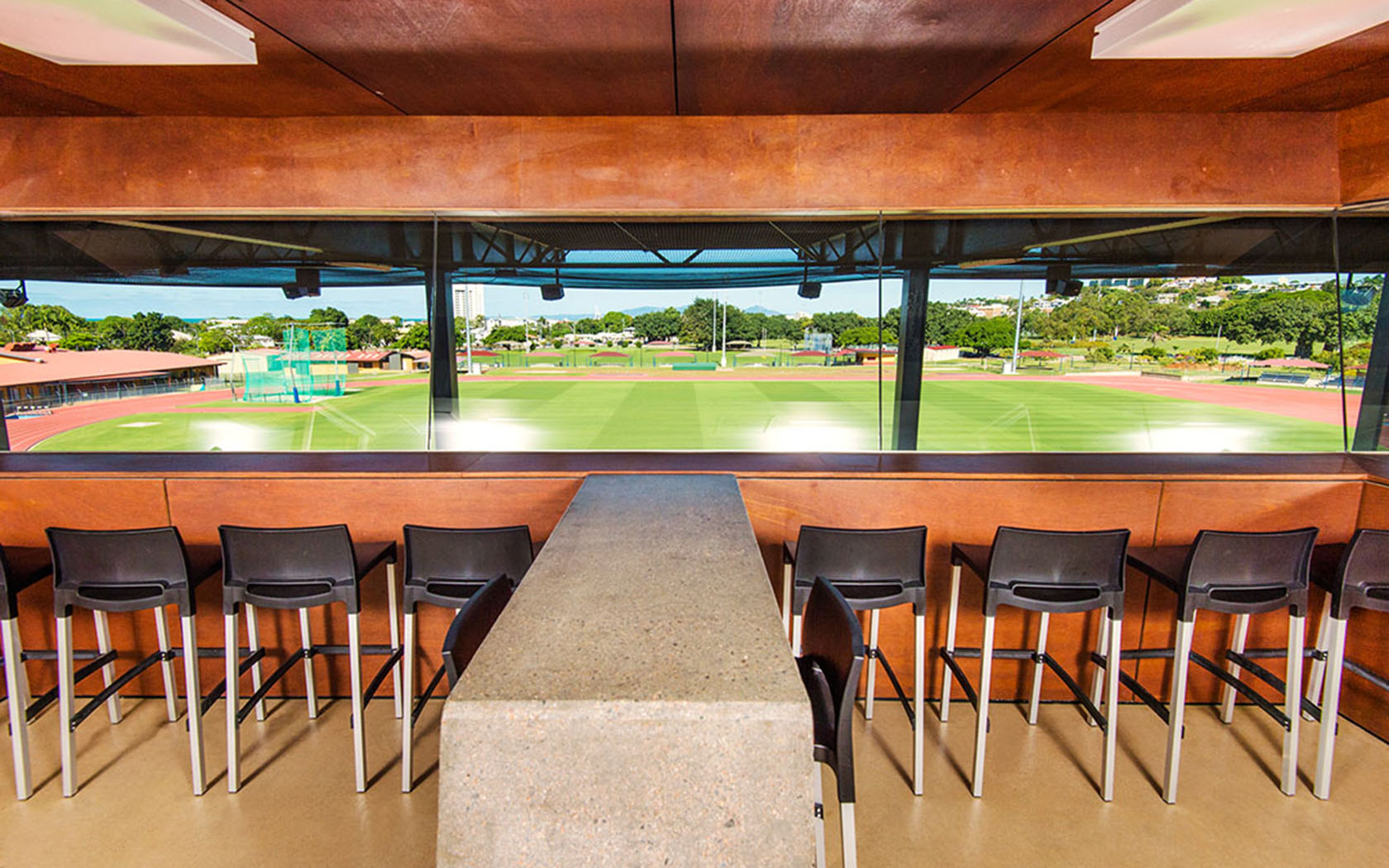 Interior view of the viewing gallery facing out to the field
