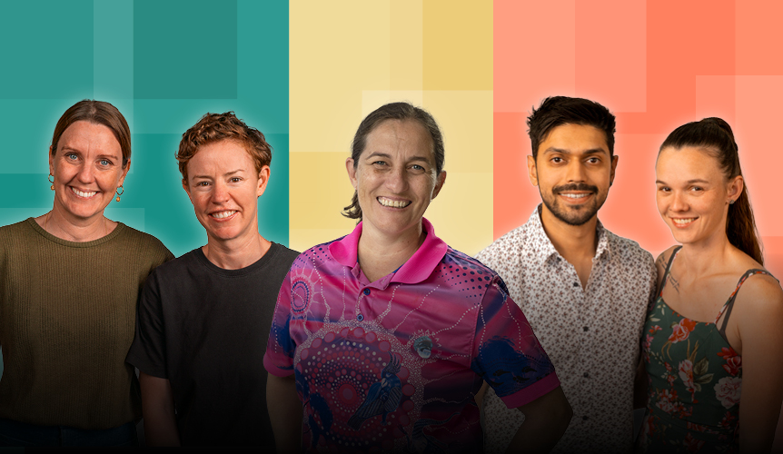 Five diverse appearing people smiling for the camera. Left to right are three light skinned women. The fourth person is a man with a more olive complexion and a woman. They are posed against a geometric back drop in green, yellow and orange