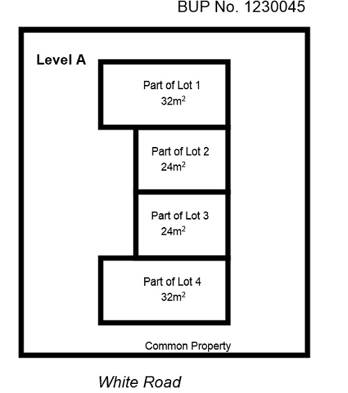 This diagram of level A shows the common property surrounding the building and parts of the 4 lots (units) on level A.