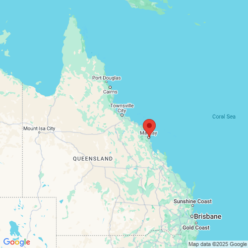 map of the location of the Mackay Harbour (east of southern breakwater) wave monitoring buoy in relation to Queensland