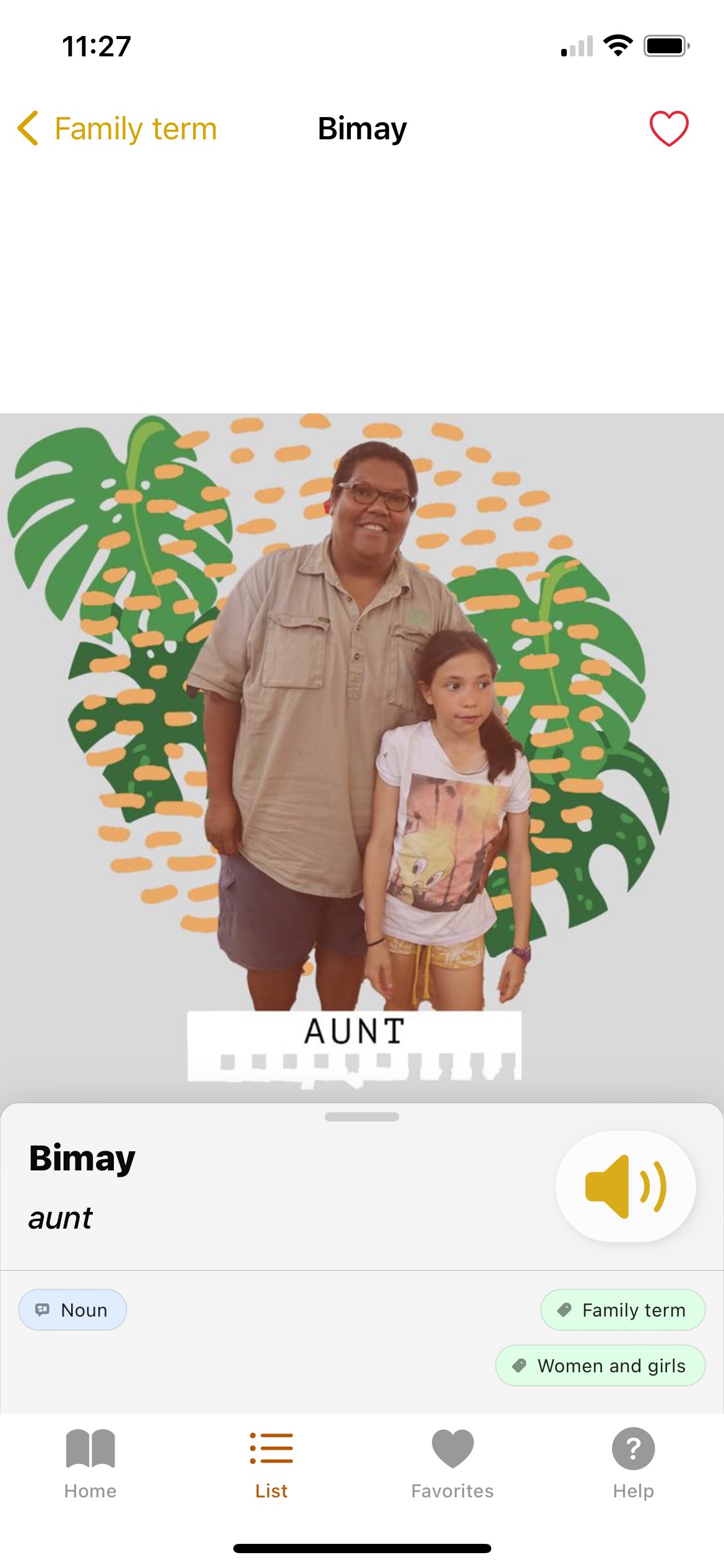 Kuku Yalanji word bimay (meaning: aunt) displayed on language app