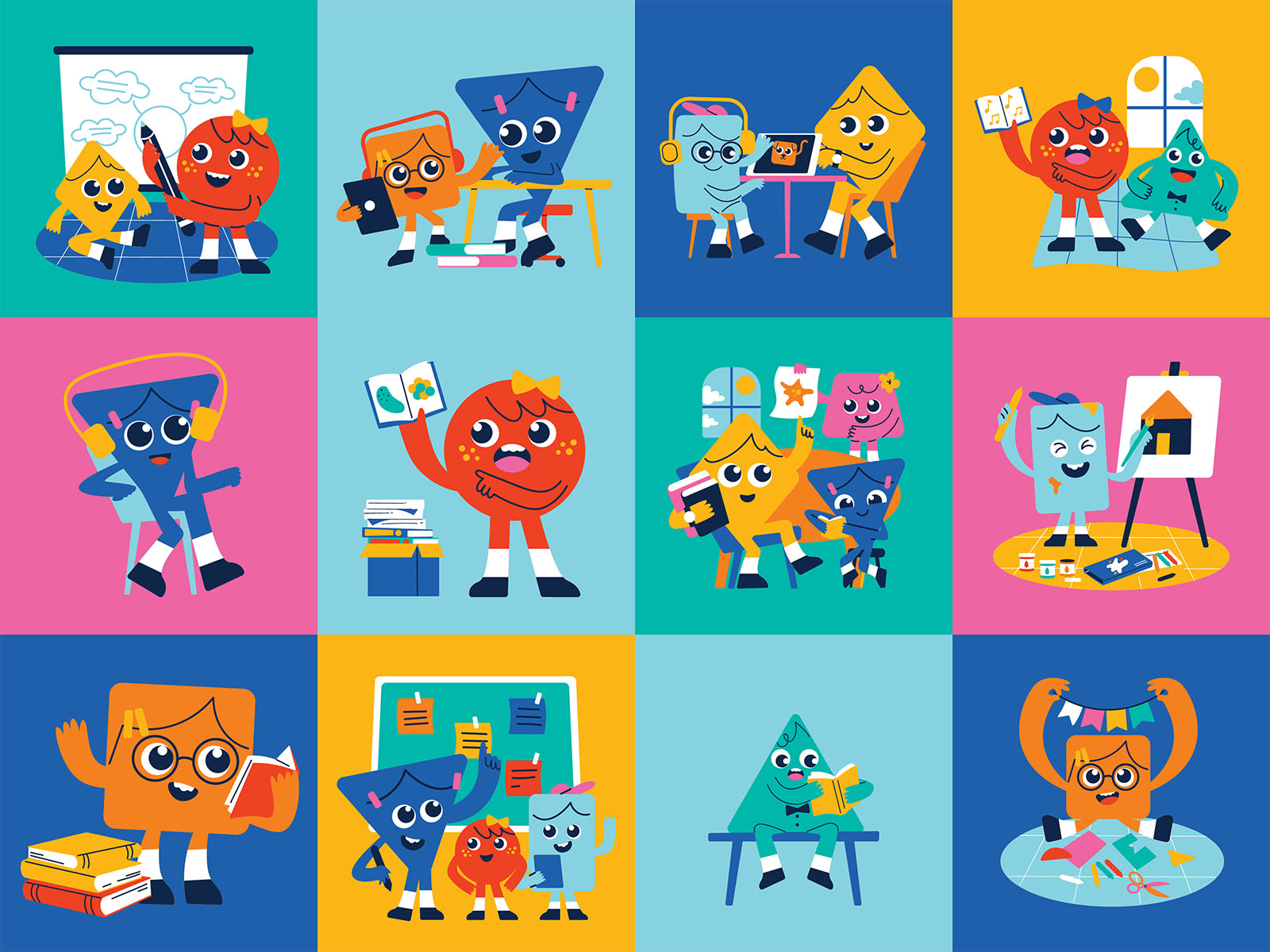 Grid of cartoon characters representing different activities used to test Healthy Kindy Kids