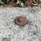 Nail in kerb Close-up view of a nail in a concrete kerb. The nail appears rusted and the nail head is surrounded by a small disc like a washer, also rusted.