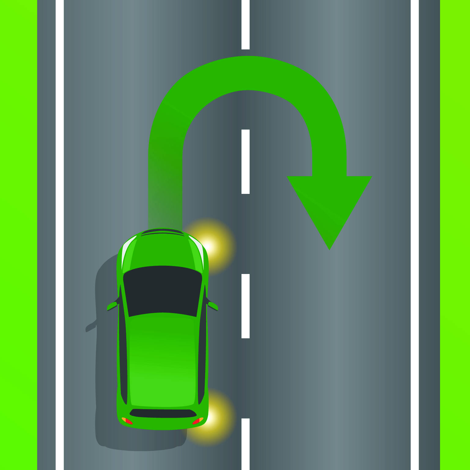 A car making a U-turn in a single lane, going back the same direction it came from