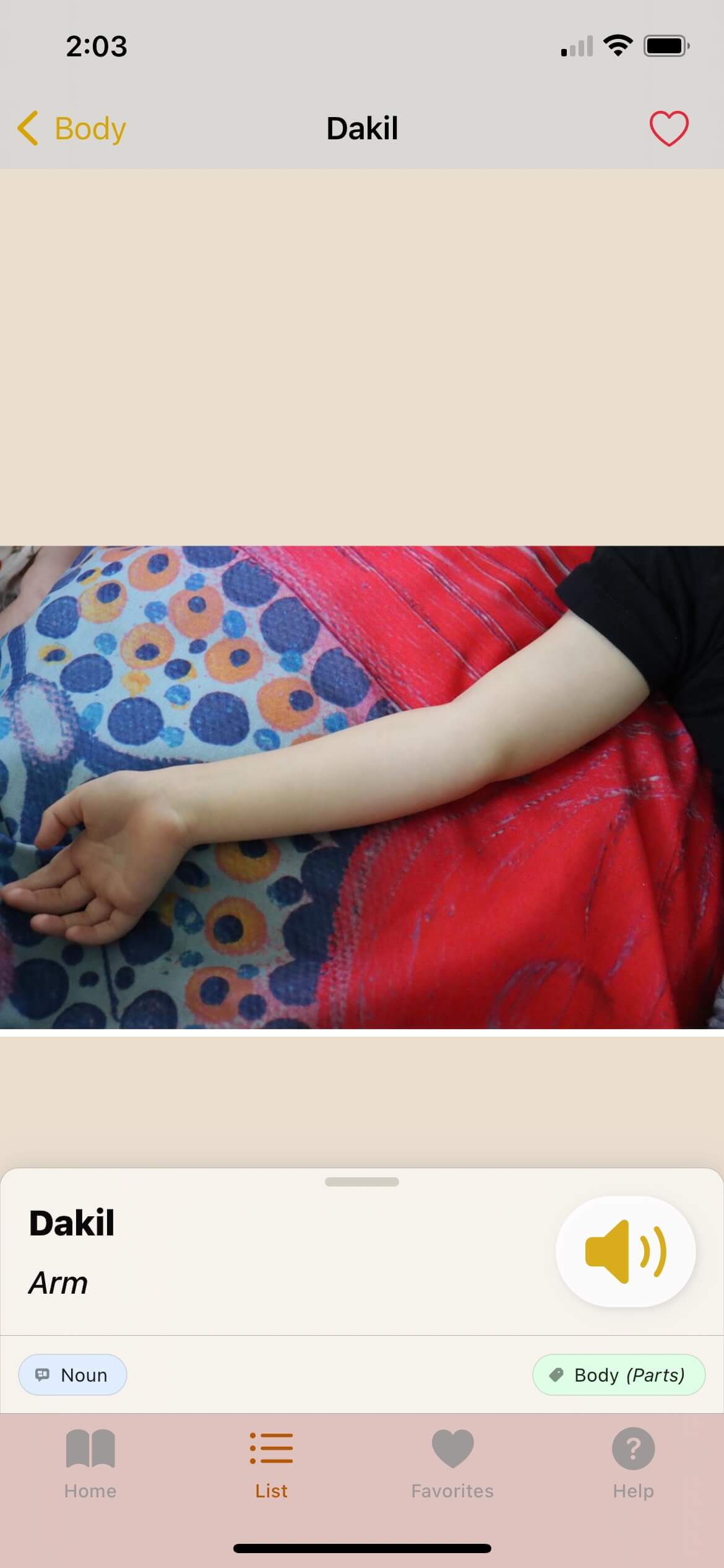 Kuku Yalanji word dakil (meaning: arm) displayed on language app