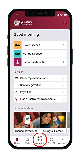Screenshot of the DLA Home page, with the Show QR option circled in red.