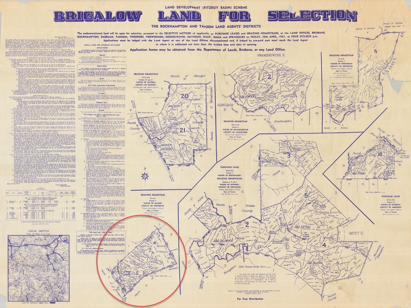 Historical land sales map showing Brigalow land for selection under the Fitzroy Basin Scheme.