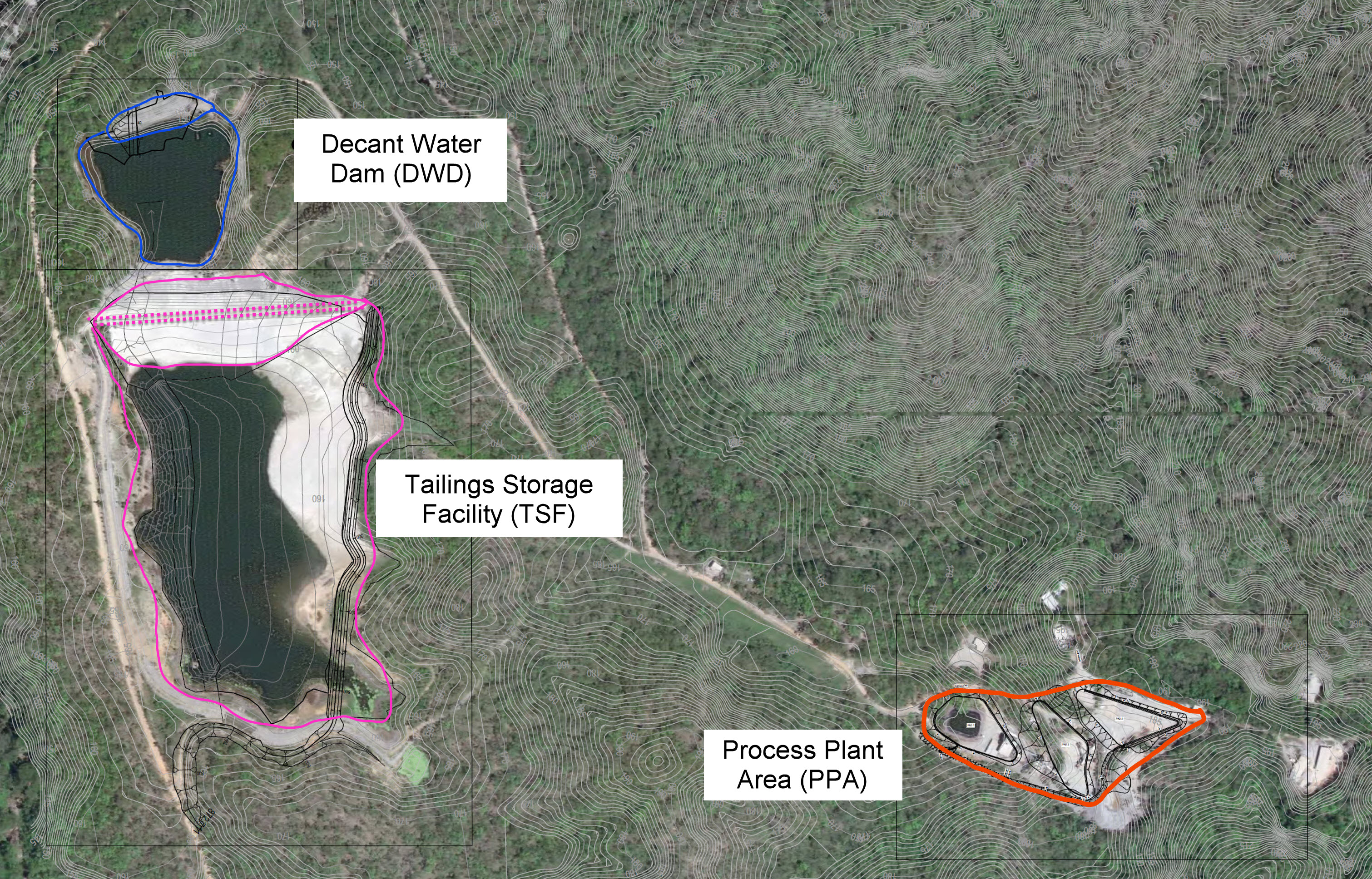 Contour map showing location of decant water dam, tailings storage facility and process plant area