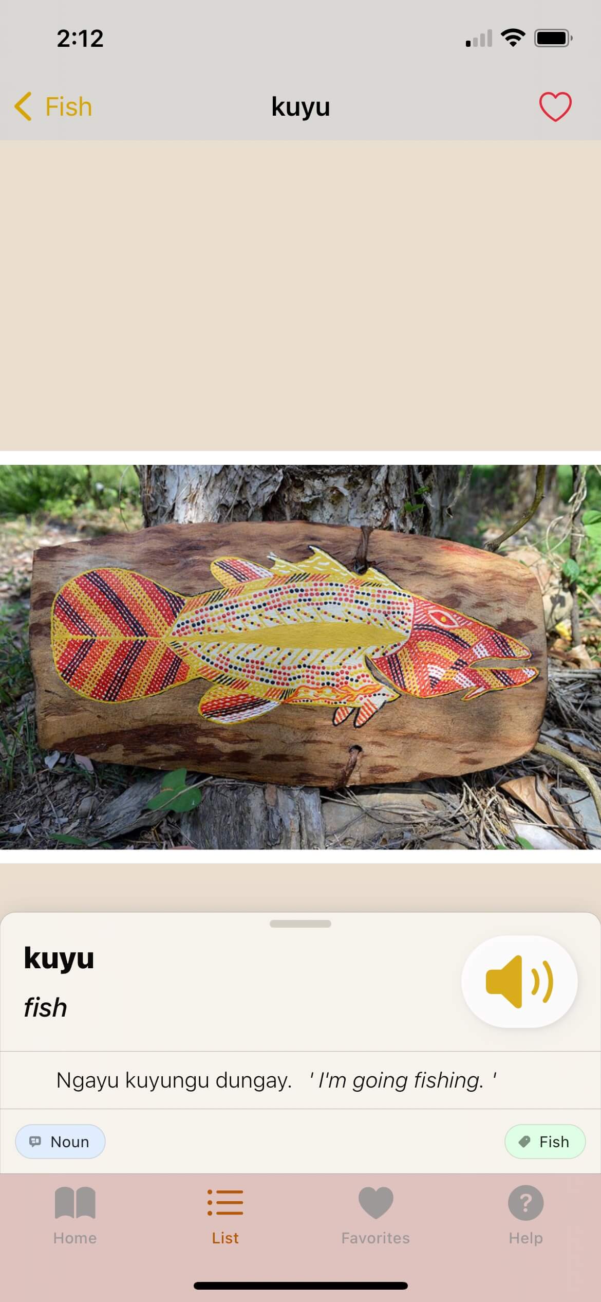 Kuku Yalanji word kuyu (meaning: fish) displayed on language app