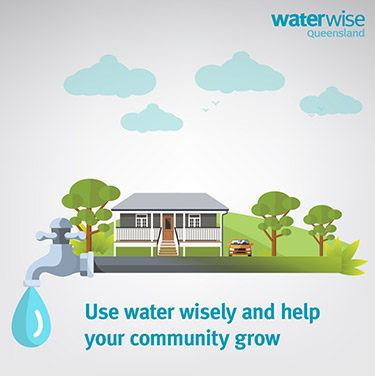 Cartoon image of a house in front of a hill with trees left nd right and a car in the driveway. There are four clouds in the sky and a large hose with tap attached in front of the house