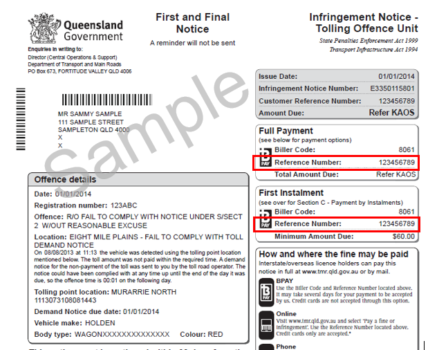 Sample of tolling offence unit infringement notice