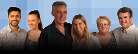 3 couples of various ages and ethnicity looking and smiling at the camera. Blue background