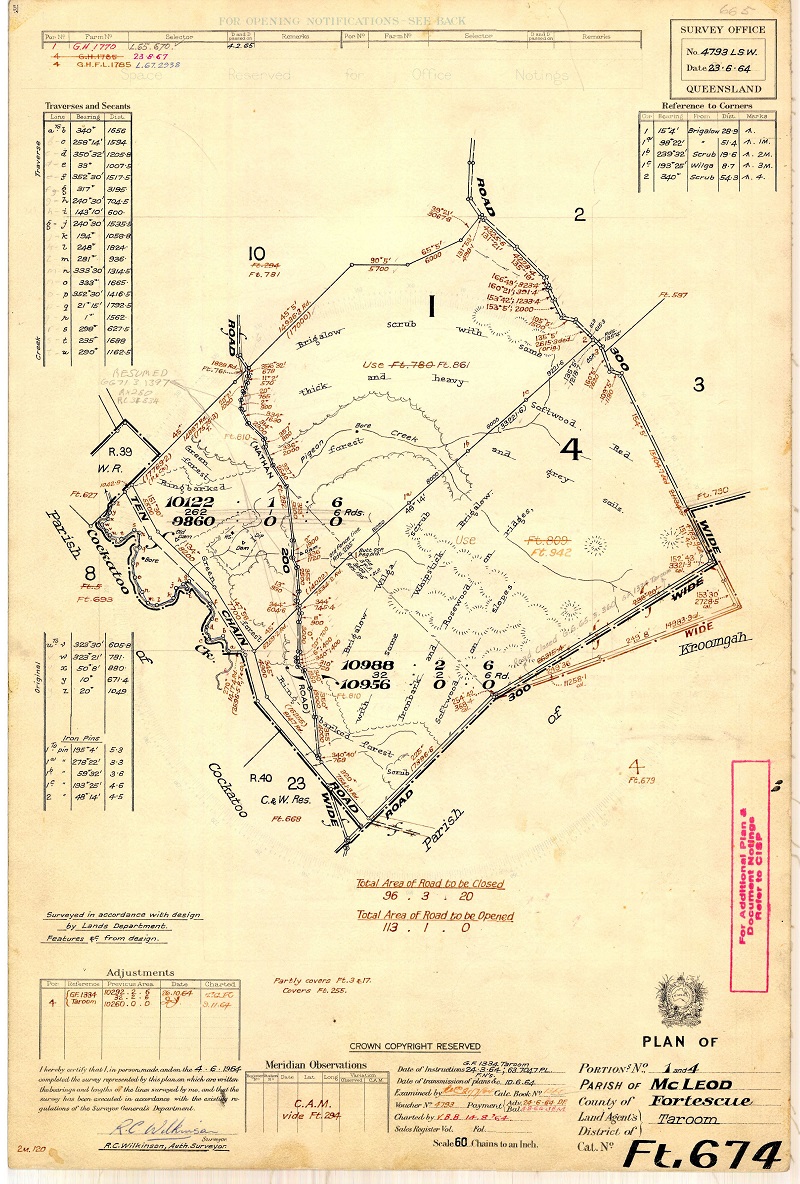 Historical map showing survey details for land in the parish of McLeod.
