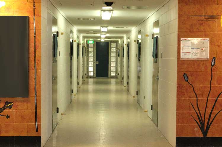 Looking down the hallway to the cells