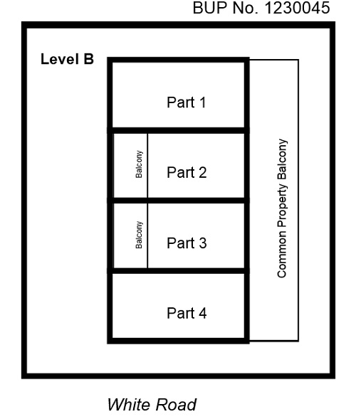The diagram of level B shows the rest of the 4 lots and a common property balcony running along the eastern (right) side of the building.