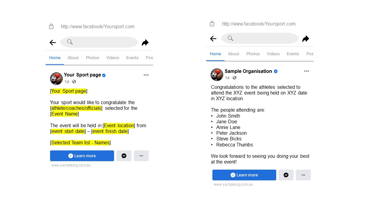 Grassroots to Gold - example Facebook posts