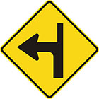 yellow diamond-shaped sign with black arrow that curves sharply left with a thinner line continuing upward