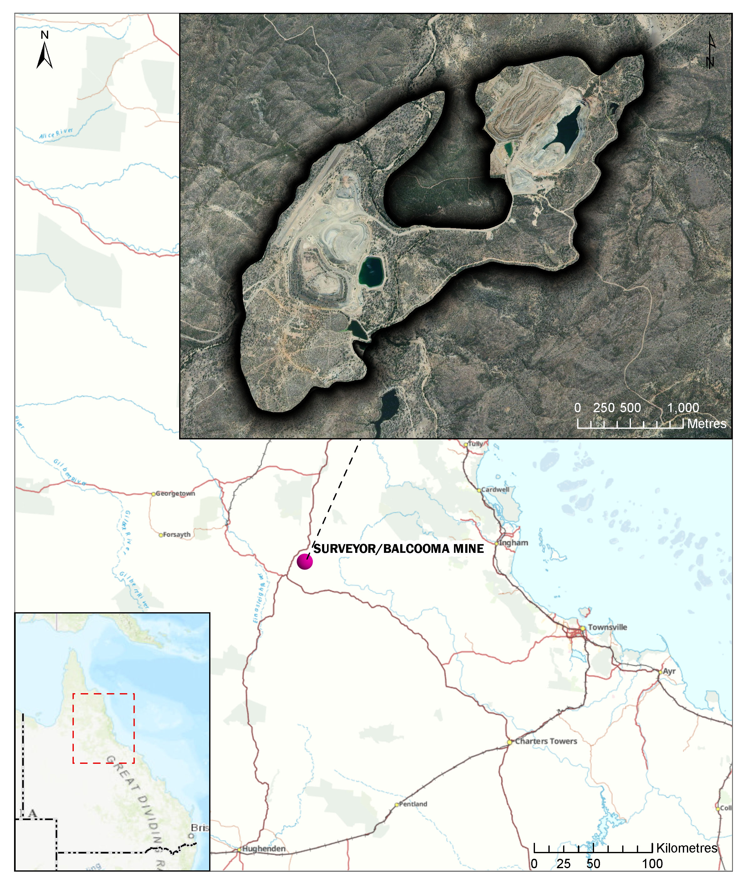 Map and aerial photo inset showing the area of the Surveyor and Balcooma sites