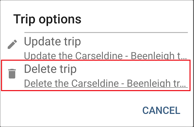 Menu for deleting a trip from the previous version of the app
