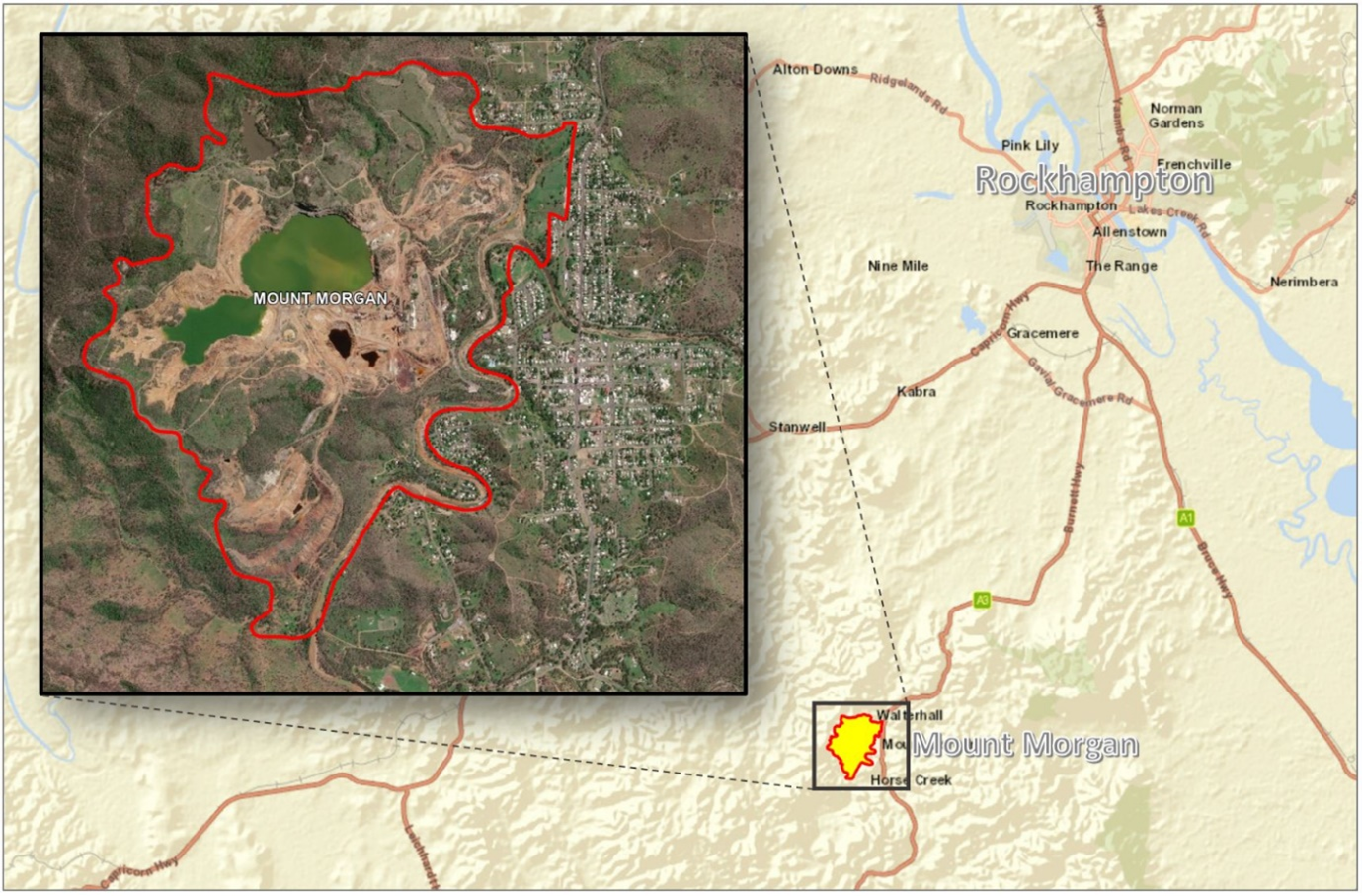 Map and aerial photo inset showing the area of the Mount Morgan site