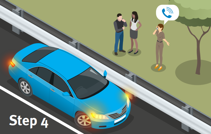 Broken down car is parked on shoulder of road and people are standing behind the barrier phoning for help.