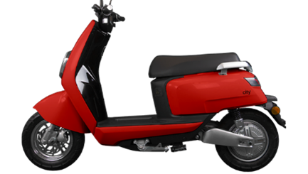 Side view of a red and black moped