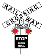 Level crossing with black stop message