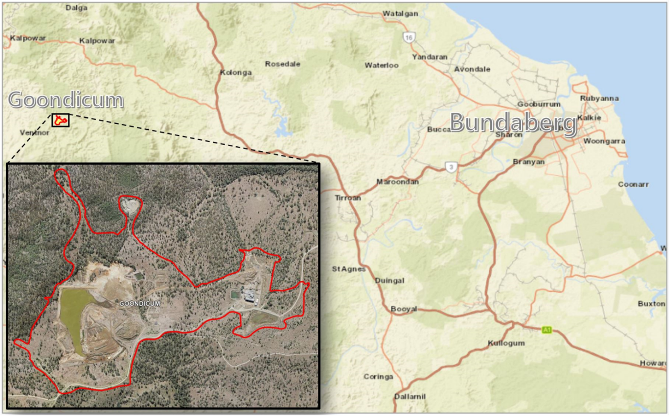 Map with aerial photo inset showing location of the Goondicum site