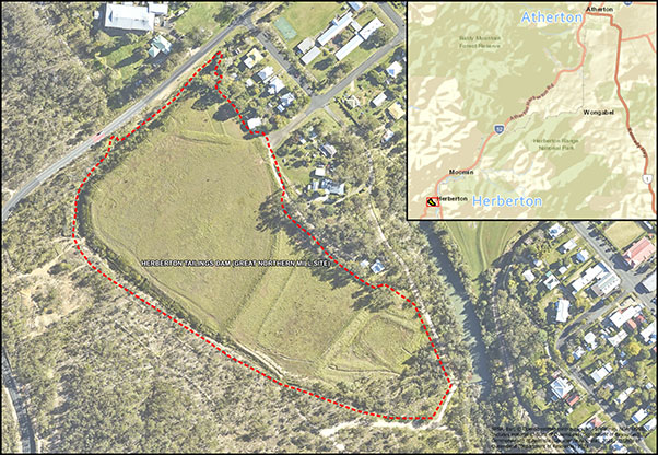 Map with aerial photo inset showing Herberton Tailings Storage Facility