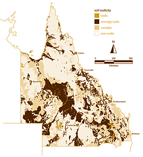 Map of Queensland showing distribution of naturally occurring sodic soils