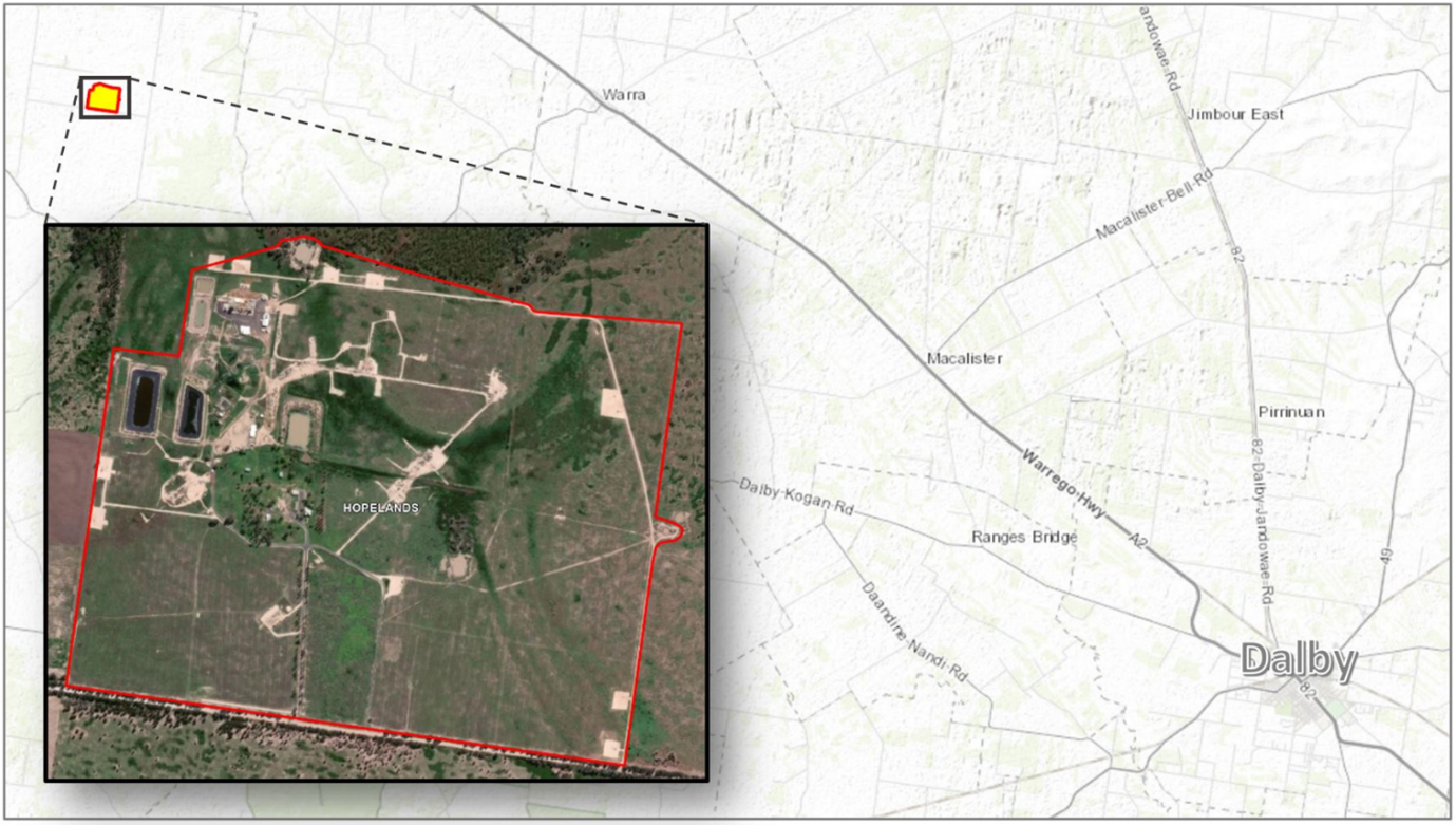 Map with aerial photo inset showing the location of the Hopeland (ex-Linc Energy) site