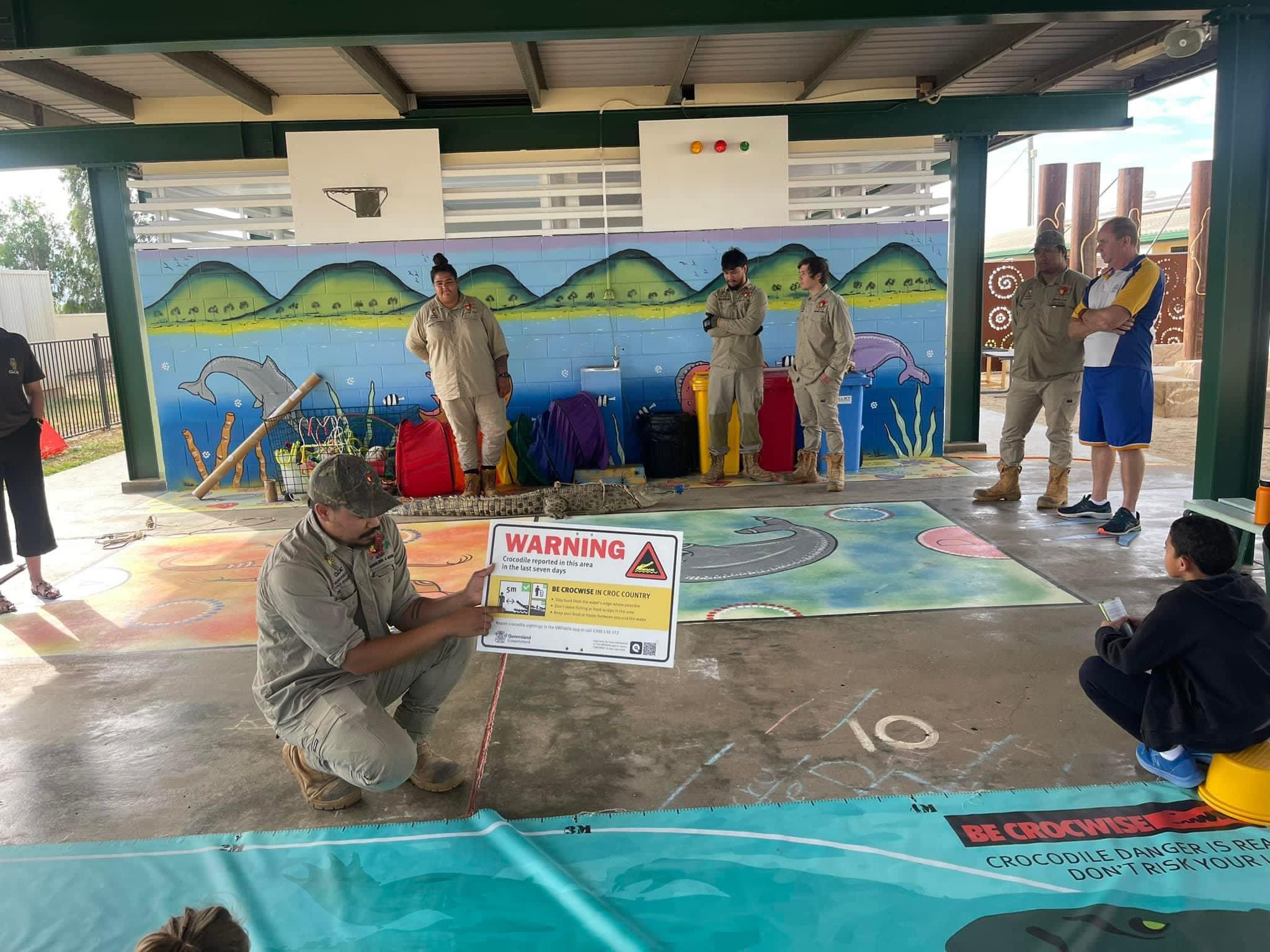 Gangalidda Garawa Rangers presenting a crocodile awareness presentation at Burketown State School