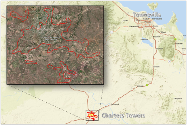 Map with aerial photo inset showing the Charters Towers Shaft Repair Program site