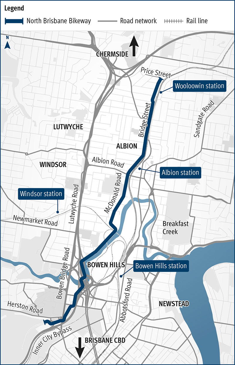 North Brisbane Bikeway off-road bike path connection Brisbane CBD and Wooloowin