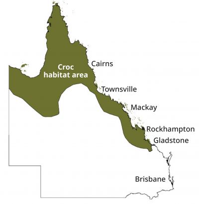 Map of Queensland and typical known crocodile habitats.