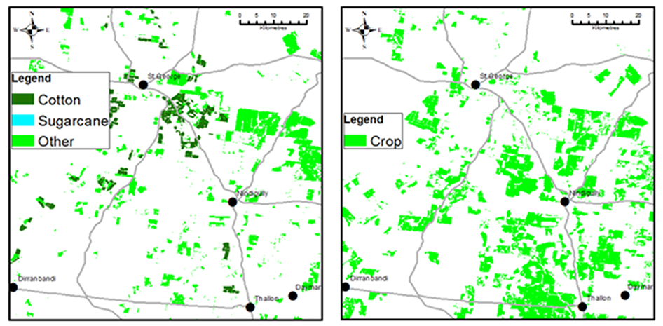 Figure 2: Crop maps for the south-west of Queensland in two consecutive growing seasons: (left) summer of 2022, and (right) winter of 2022. Note that sugarcane is not grown in this particular region.