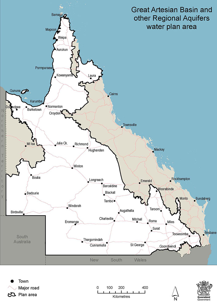 Map depicting the GABORA water plan area, overlayed over a map of Queensland.