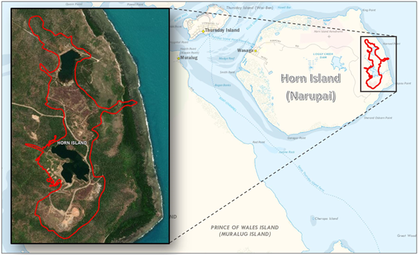 Map with aerial photo inset showing location of Horn Island site
