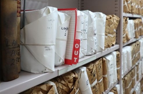 A shelving unit with white and brown packages stacked on the shelves