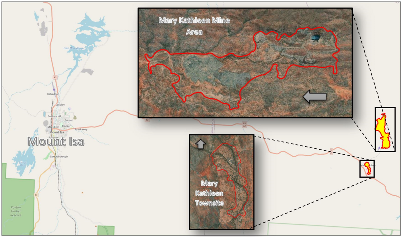 Map with aerial photo inset showing location of Mary Kathleen mine
