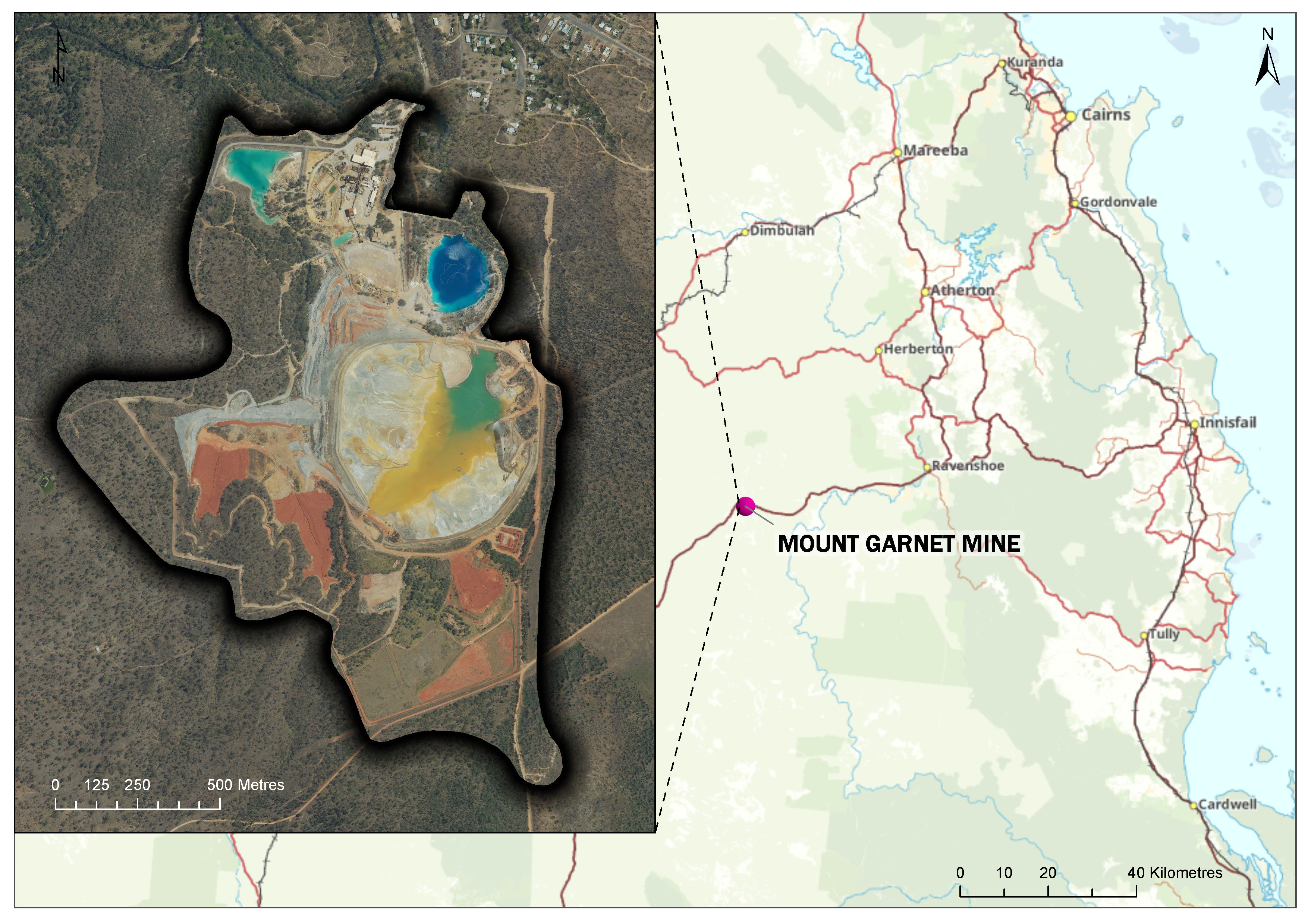 Map with aerial photo inset showing location and features of the Mount Garnet site